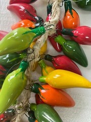 CERAMIC JALAPENO CHILI PEPPER RISTRA , MEXICO , HANGING DECOR , MULTICOLOR