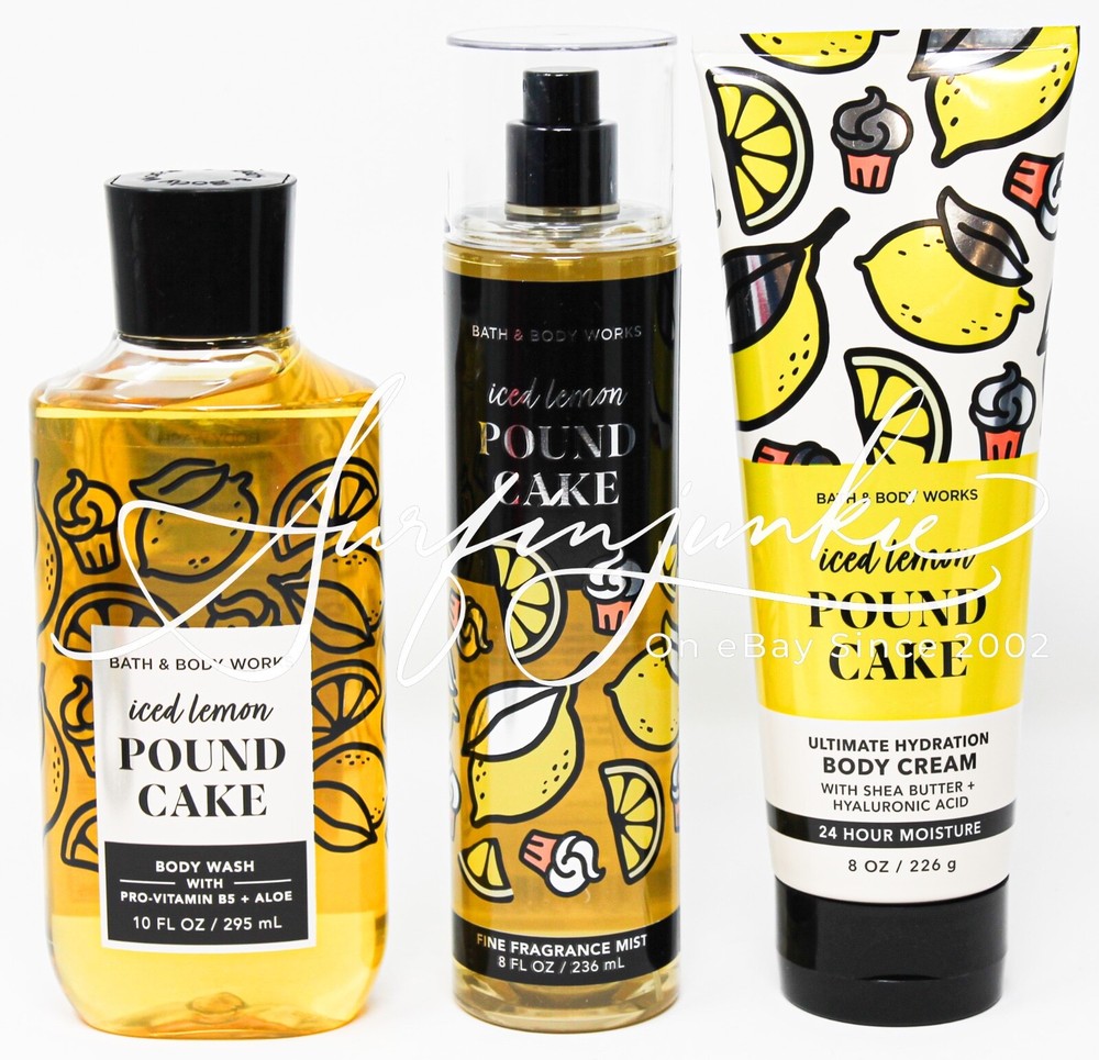 Bath & Body Works Iced Lemon Pound Cake Mist Body Spray Cream Shower Gel 3 pc