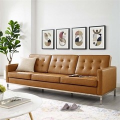 Modway Loft Tufted Upholstered Faux Leather Sofa in Silver and Tan