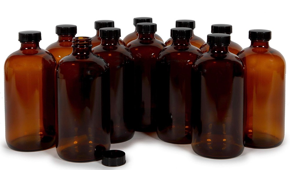 12 Amber 16 oz Glass Bottles with Lids