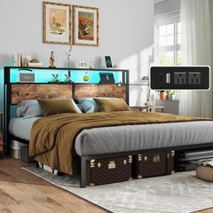 King Queen Full 4 Drawers Platform Bed Frame with LED Light, Charging Station