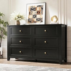 Black 6 Drawer Dresser for Bedroom Large Dresser Modern Wooden Chests of Drawers