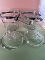 Great Vintage PYREX Double Boiler Clear Glass With Both Lids & Stainless Steel