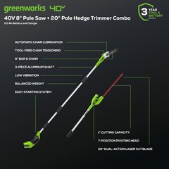 Greenworks 40V 8″ Pole Saw with 20″ Hedge Trimmer Attachment, Max Reach 11Ft