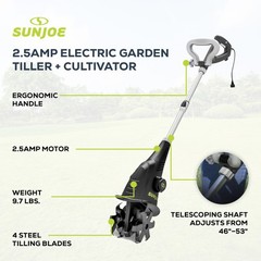 Sun Joe Electric Garden Cultivator with 2.5 Amp Motor and Steel Blades, Green