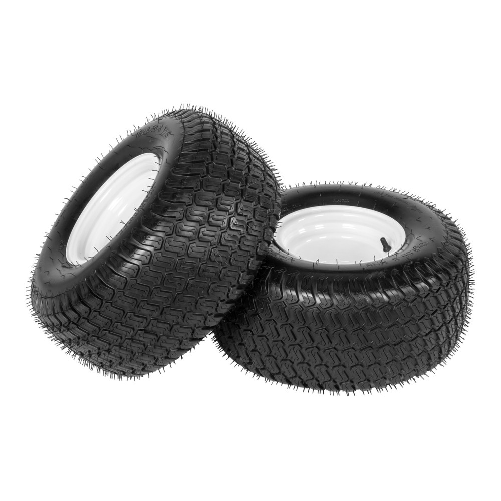Two 18×9.50-8 18×9.5-8 18×9.5×8 Lawn Mower Tires & Rims LRB 4 Lug White Wheel