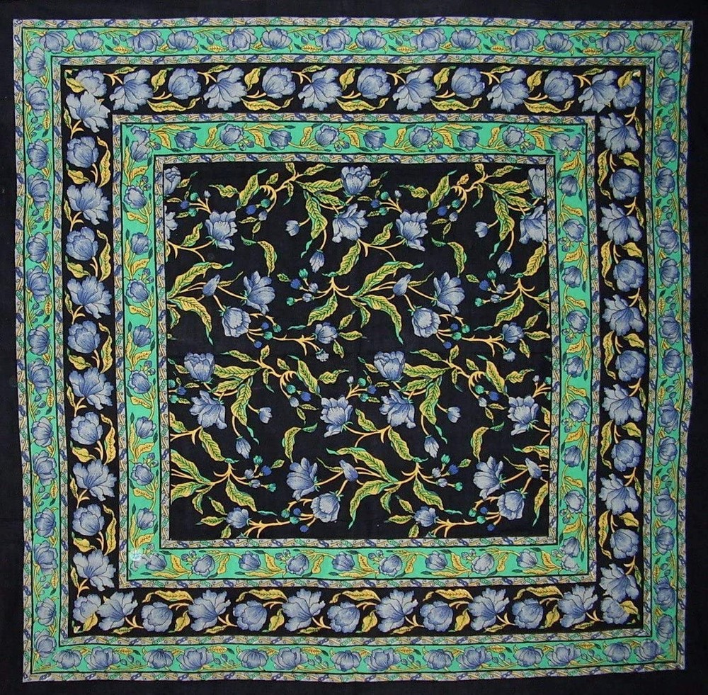 French Floral Square Cotton Tablecloth 60″ x 60″ Blue on Black