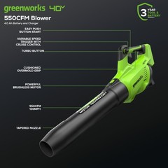 Greenworks 40V Cordless Leaf Blower (550CFM 130MPH) with 4Ah Battery and Charger