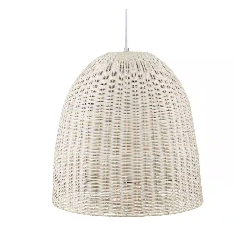 1-Light Silver Pendant Light White Rattan Shade Coastal Hanging Ceiling Fixture