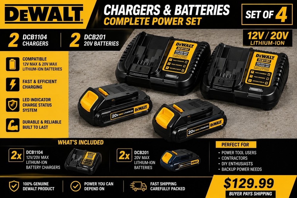 DeWalt DCB1104 Chargers & DCB201 20V MAX Batteries Set of 4