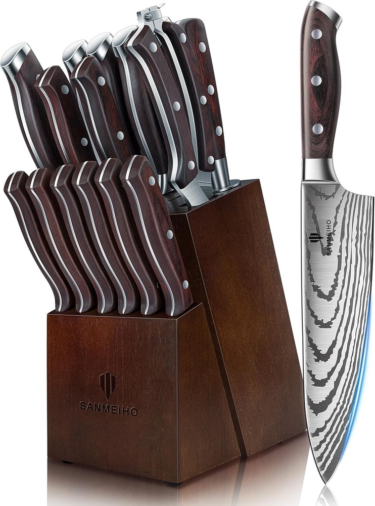SANMEHO 16-Piece Stainless Steel Knife Block Set Knives+Sharpener