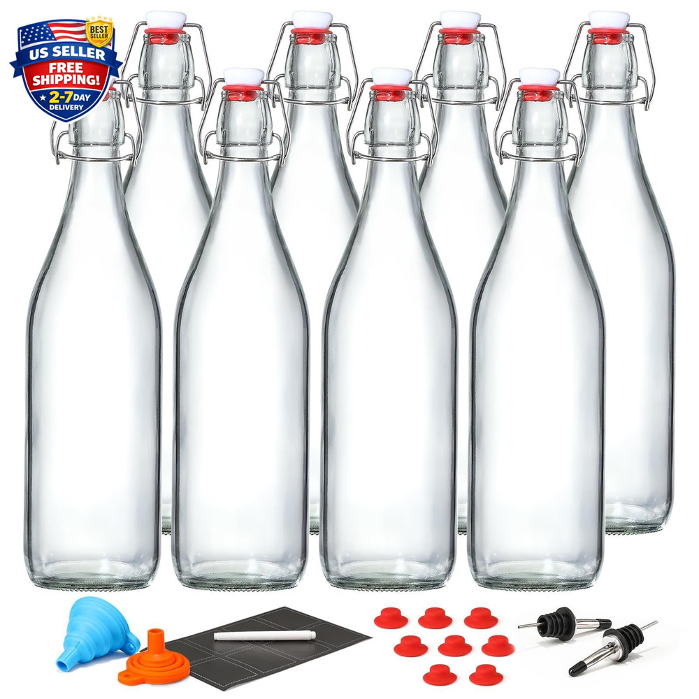 8 Pack [1 Liter / 33 Fl. Oz.] Swing Top Glass Bottles W/ Airtight Stopper Lids –