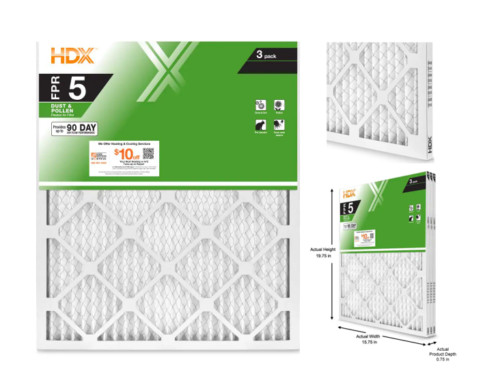 16 x 20 x 1 Standard Pleated Air Filter FPR 5, 3-Pack, Air Filters Replacement
