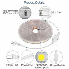 110V LED Strip Light SMD 5050 Flexible Tape Home Outdoor Lighting Rope + US Plug