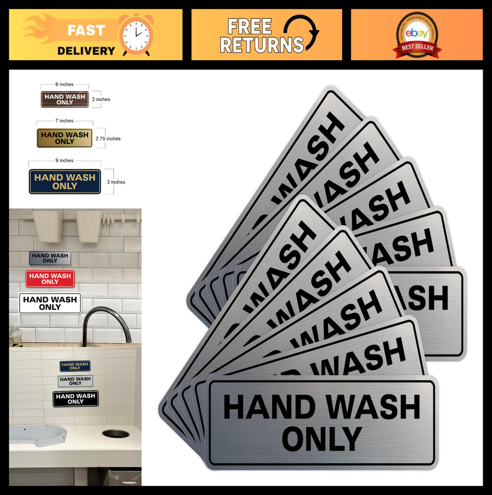 10 Pack Standard Hand Wash Only Sign for Kitchen Sink – Easy Install Silver Wall