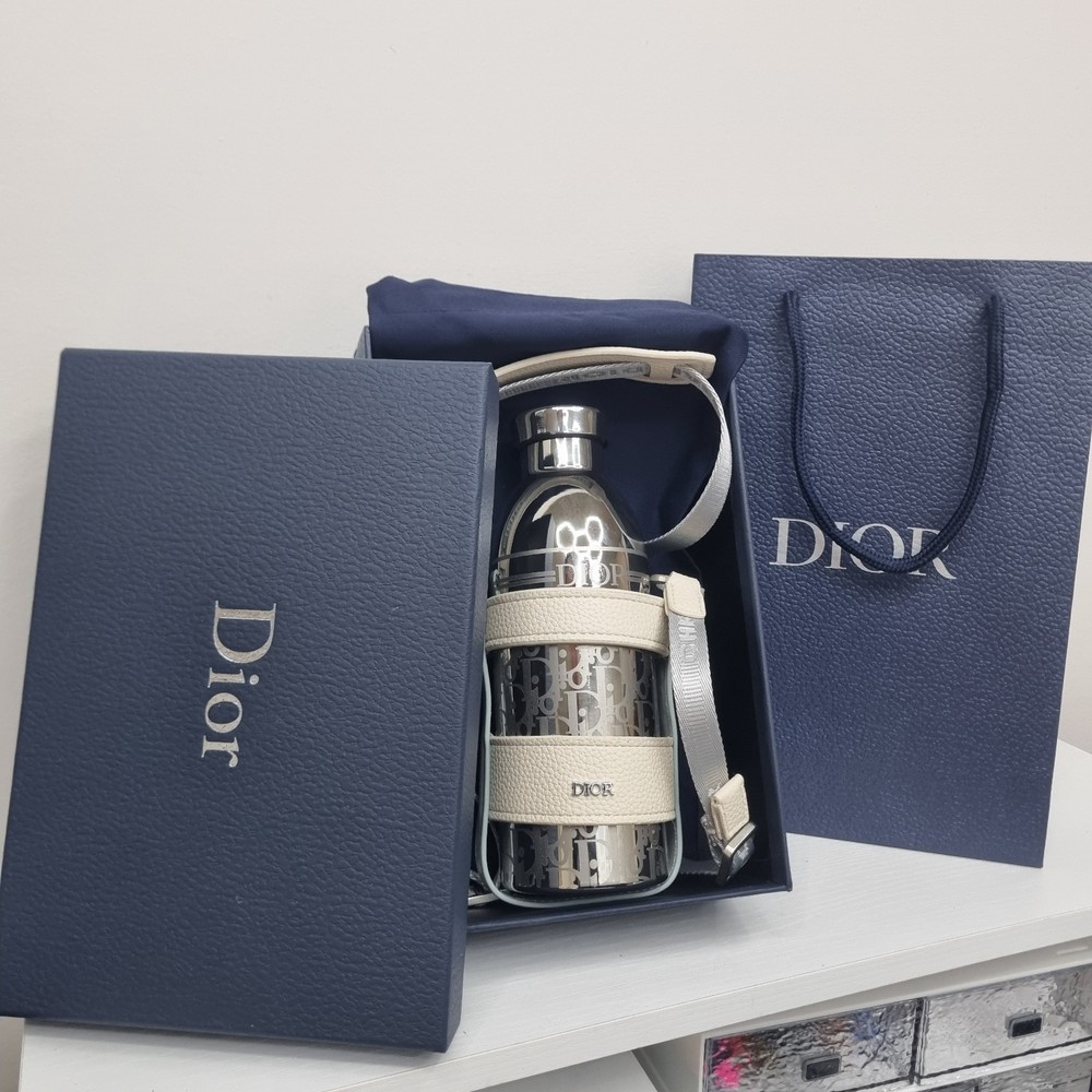 Dior Stainless Steel Water Bottle Silver Limited VIP Gift with Crossbody Strap
