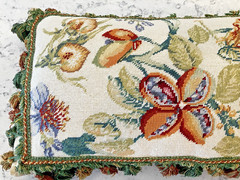 Vintage Handmade Wool Needlepoint Pillow Flowers Tassel Fringe Velvet 21″ x 11″