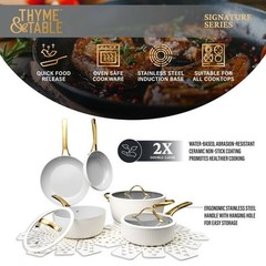 Thyme & Table 12-Piece Ceramic Non-Stick Signature Cookware Set – White & Gold