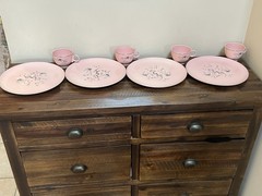 TAYLOR SMITH & TAYLOR DWARF PINE Pink 4 Pc Service Set Plates China Dishes VTG