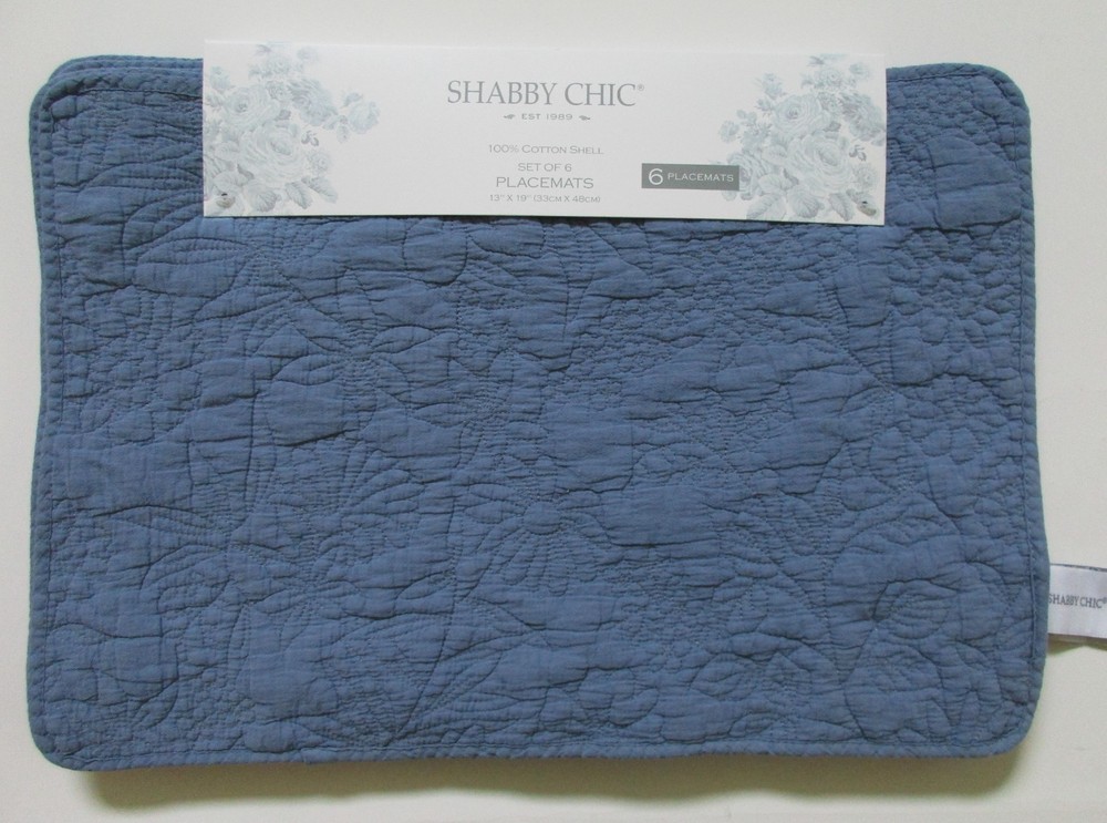 Shabby Chic Blue Cottage Quilted Placemats Rectangular 6Pc Set 13″ x 19″ Cotton