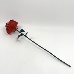 Metal Rose Red & Green Leaves with 13″ Long Stem Hand Forged Wrought Iron Heavy