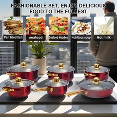 12 Piece Cookware Set Nonstick Pots and Pans Home Kitchen Cooking Non Stick, Red