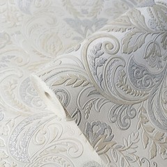 Beige tan silver metallic faux fabric textured floral victorian damask Wallpaper