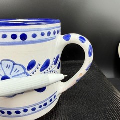 Le Souk Ceramique Tunisia Blue White Hand Painted Floral Coffee Mugs Set 2 READ