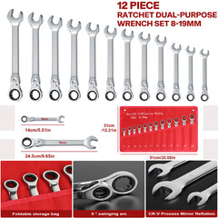 12Pc 8-19mm Metric Flexible Head Ratcheting Wrench Combination Spanner Tool Set