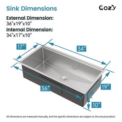 Cozy undermount stainless steel Brush Nickel sink 36x19x10 inch with accessory