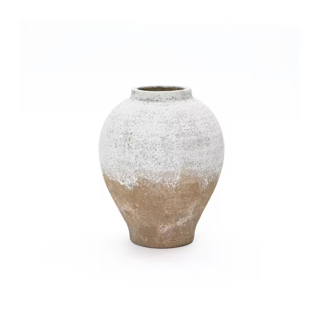 11.02 in H Rustic White & Brown Terracotta round Vase, Vintage Wide-Body, Cerami