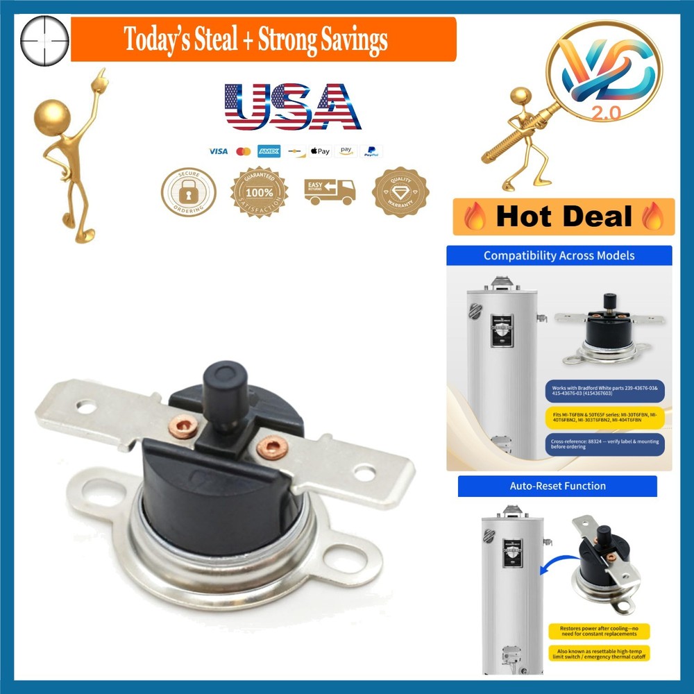Resettable 290°F Water Heater Thermal Switch for Bradford White Gas Electric …