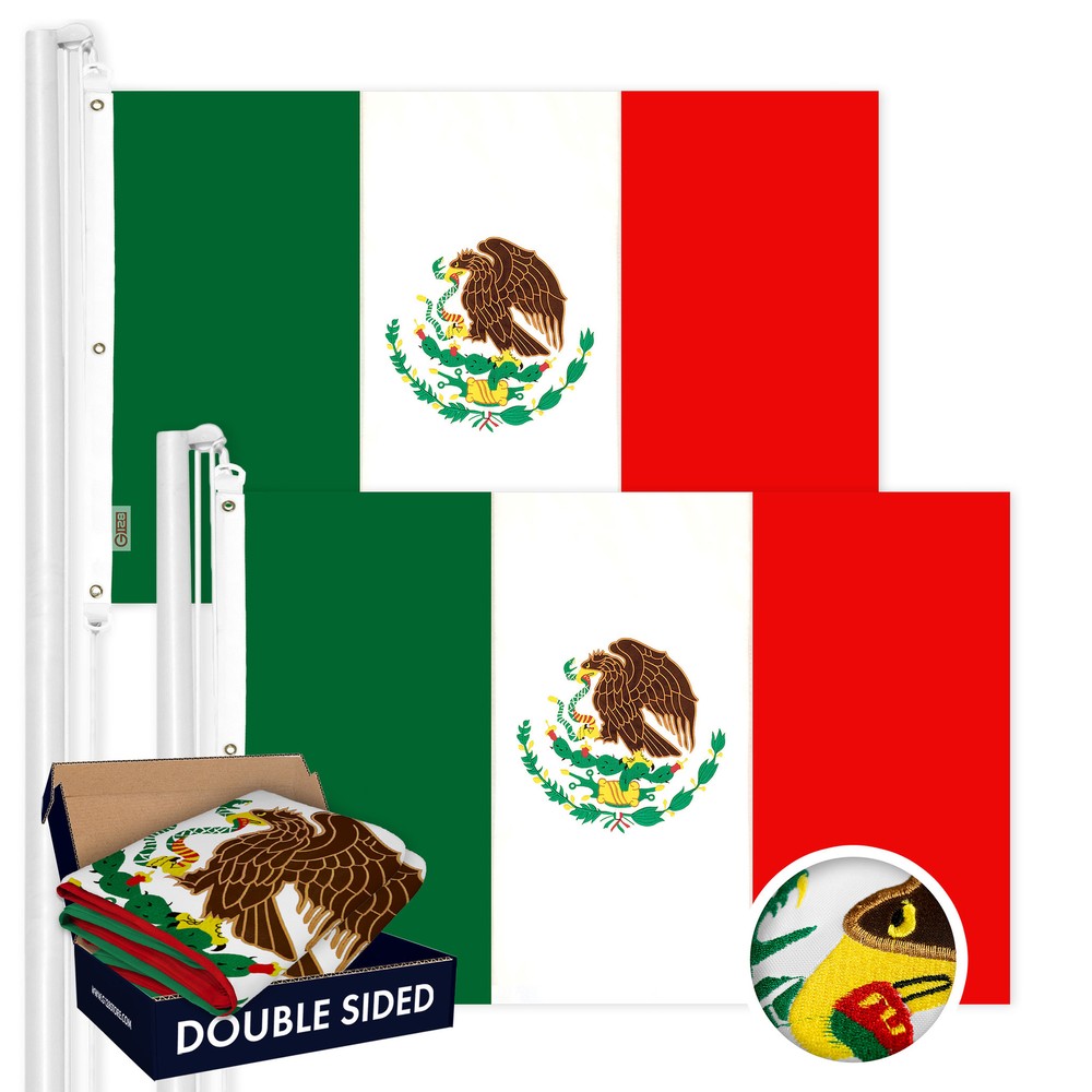 G128 2 Pack: Mexico Mexican Flag 5×8 Ft Double Sided Emb 210D Polyester 2-ply