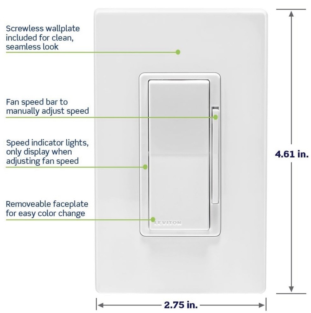 NIB LEVITON Decora Smart 4-Speed Wi-Fi Controller Technology No Hub White #DW4SF