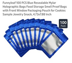 Funnyleaf 100 PCS Blue Resealable Mylar Holographic Bags Food Storage