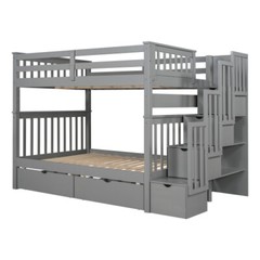 Full Over Full Bunk Bed w/ 6 Storage Drawers & Stairs For Kids Teens Adults Gray