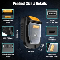 DM18M Adapter,USB and Type C Fast Charging Adapter for Dewalt 20V & for Milwauke