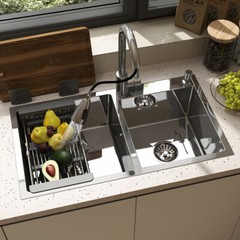 Silver Kitchen Sink Stainless Steel Double Bowl Drop In Top Mount Workstation