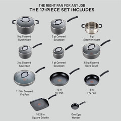 17-Piece Hard Anodized Nonstick Cookware Set – Dishwasher Safe, Black