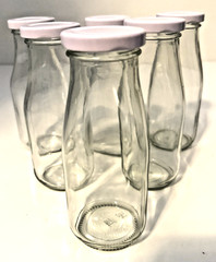 10 oz. Glass Milk Bottles Reusable with Lids and Red & White Straws Lot of 6