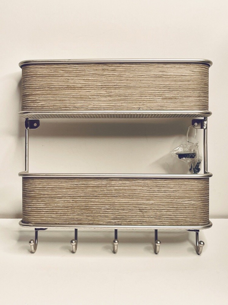 NEW SILVER&TAN-TAUPE WOOD GRAIN STORAGE RACK WALL SHELF W HOOKS 8.75″X10.5″