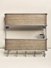 NEW SILVER&TAN-TAUPE WOOD GRAIN STORAGE RACK WALL SHELF W HOOKS 8.75″X10.5″