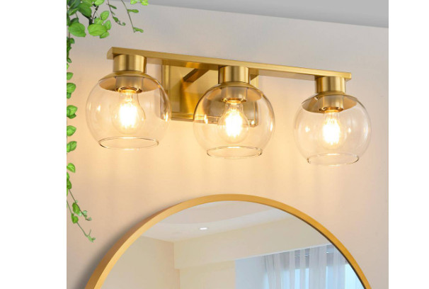 7.68 in. 3-Light Gold Bathroom Vanity Light w/ Clear Glass Shades Bulbs not incl