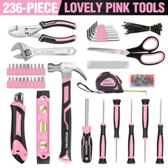 236 Pieces Pink Tool Kit Pink Tool Set Household Tool Kit w/Carrying Round Pouch