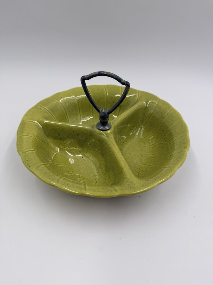 Vintage 60’s Lane & Co. California Chartreuse Green Divided Candy Nut Dish Bowl