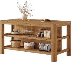 63-Inch Farmhouse Solid Wood Kitchen Island with Storage Shelves for Dining Room