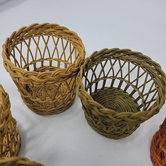 6 Vintage Boho Wicker Rattan Cup Glass Holders Handles Garden Party 3.25” Tiki