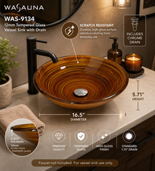 WASAUNA Tempered Glass Vessel Bathroom Sink Collection RARE