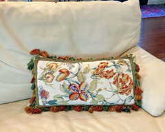 Vintage Handmade Wool Needlepoint Pillow Flowers Tassel Fringe Velvet 21″ x 11″