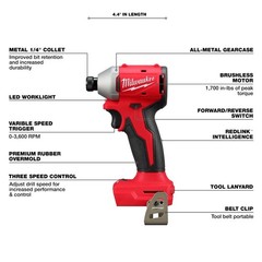 Milwaukee 3651-20 M18 Compact Brushless 1/4″ Hex 3-Speed Impact Driver